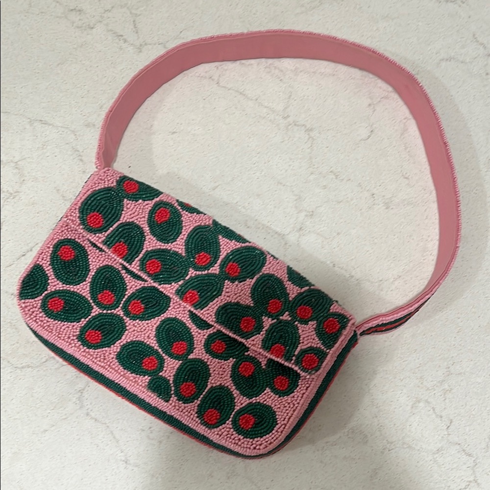 Pink and Green Beaded Shoulder Bag